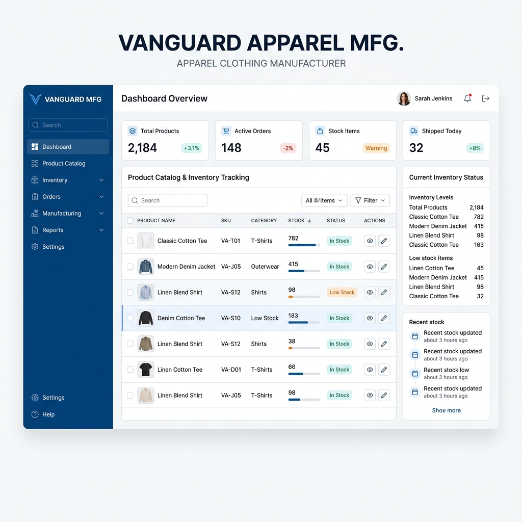 Enterprise portal dashboard showing product catalog and client intake setup for apparel manufacturers