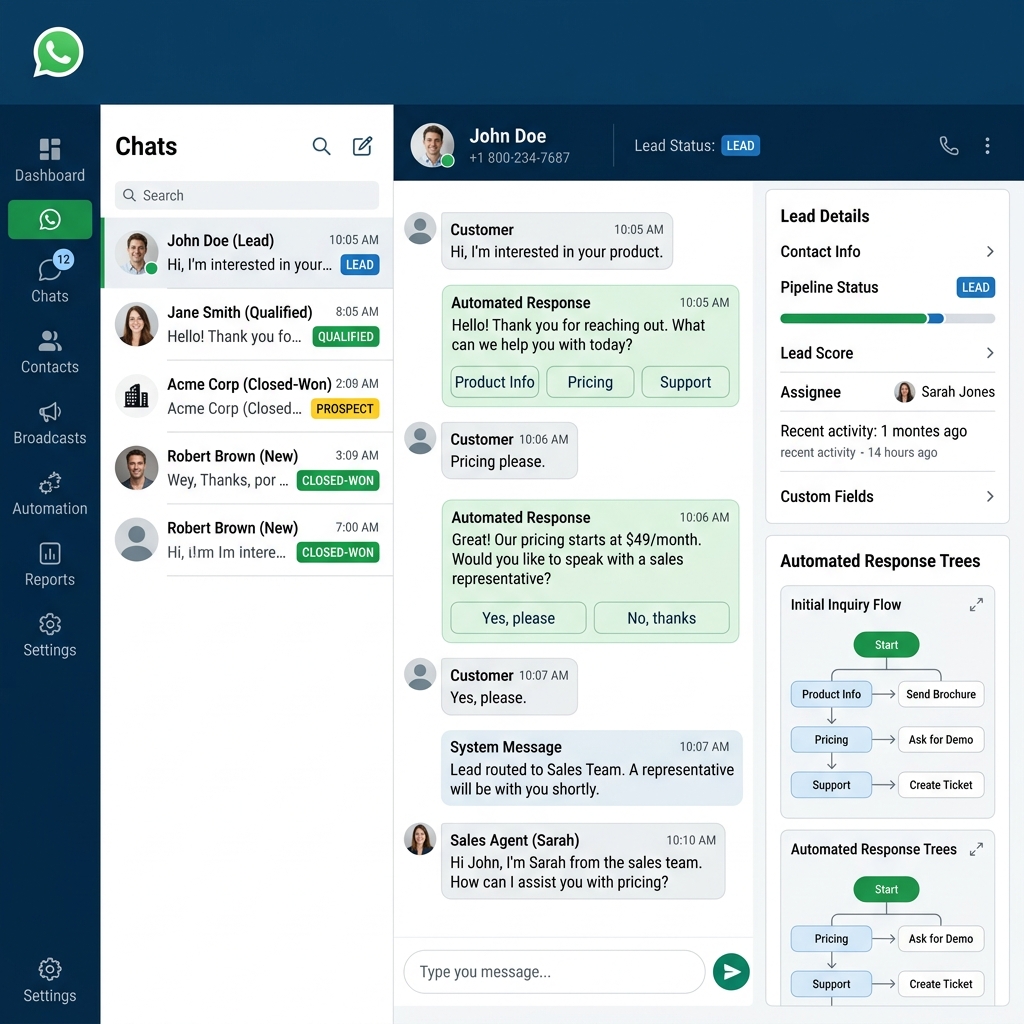 WhatsApp Business CRM automation interface showing client chat logs and auto response statuses